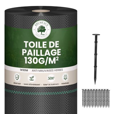 Lot Toile de Paillage 50M 130g/m² + 100 Sardines de Fixation en Plastique