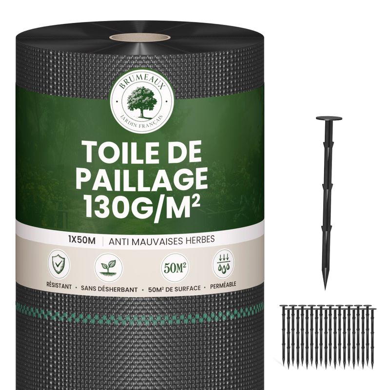 Lot Toile de Paillage 50M 130g/m² + 100 Sardines de Fixation en Plastique