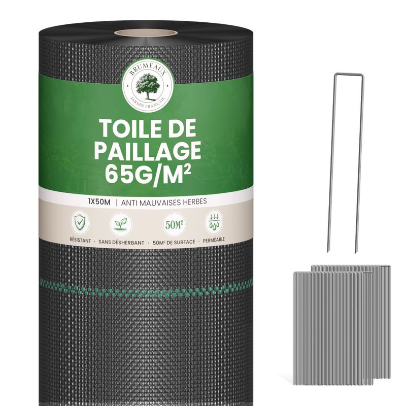 Lot Toile de Paillage 50M 65g/m² + 100 Sardines de Fixation