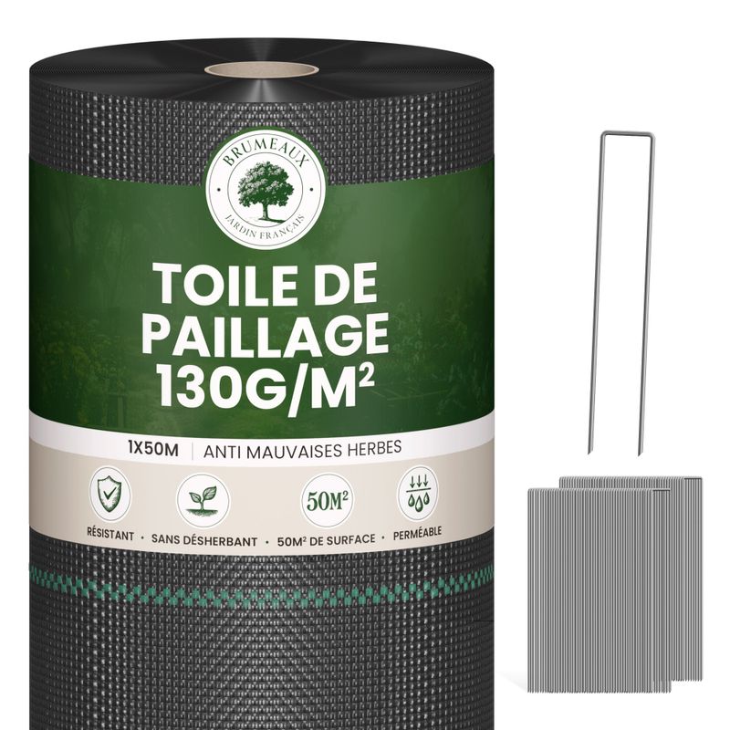 Lot Toile de Paillage 50M 130g/m² + 100 Sardines de Fixation
