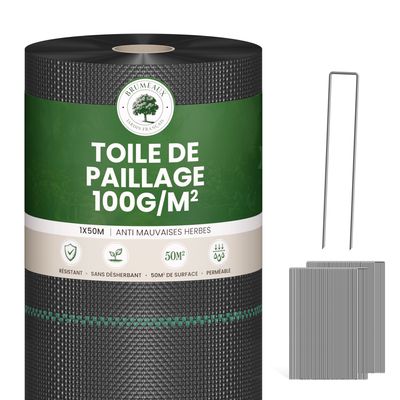 Lot Toile de Paillage 1M x 50M 100g/m² + 100 Sardines de Fixation