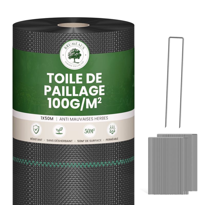 Lot Toile de Paillage 1M x 50M 100g/m² + 100 Sardines de Fixation