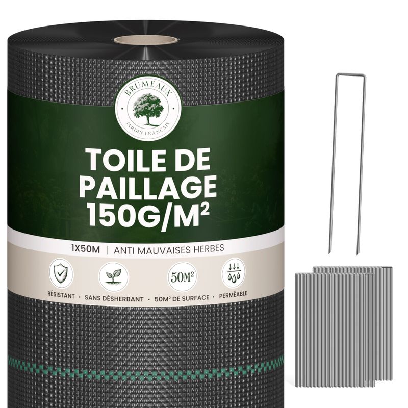 Lot Toile de Paillage 50M 150g/m² + 100 Sardines de Fixation