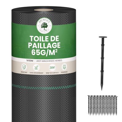 Lot Toile de Paillage 50M 65g/m² + 100 Sardines de Fixation en Plastique