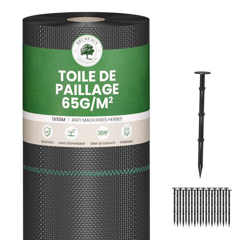 Lot Toile de Paillage 50M 65g/m² + 100 Sardines de Fixation en Plastique