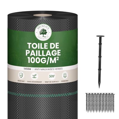 Lot Toile de Paillage 50M 100g/m² + 100 Sardines de Fixation en Plastique